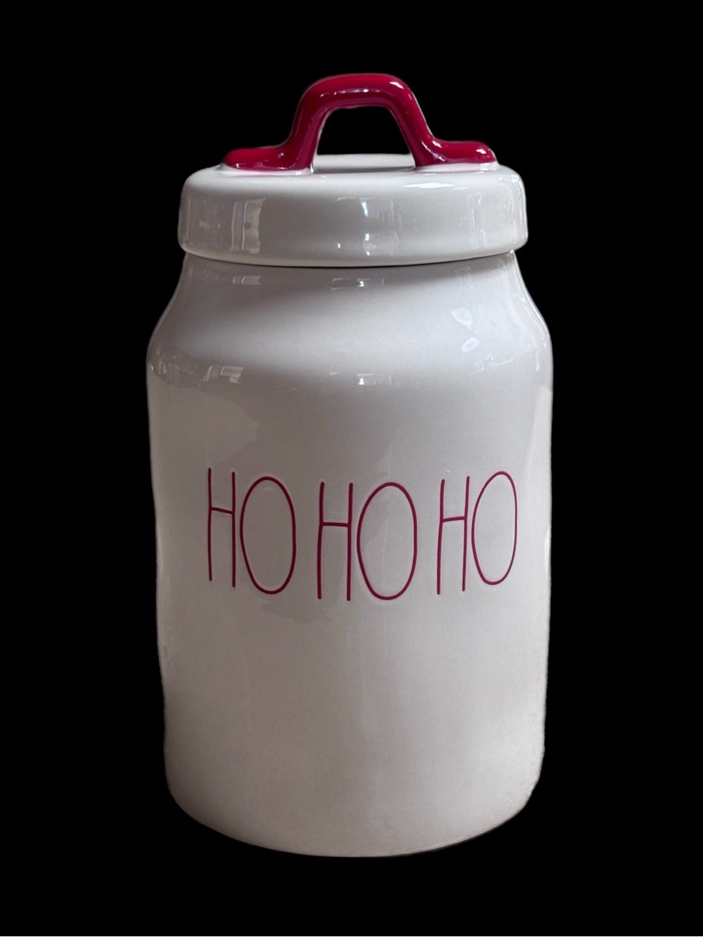Rae Dunn HO HO HO Canister Red Classic Font Red Handle Accent Ceramic Holiday